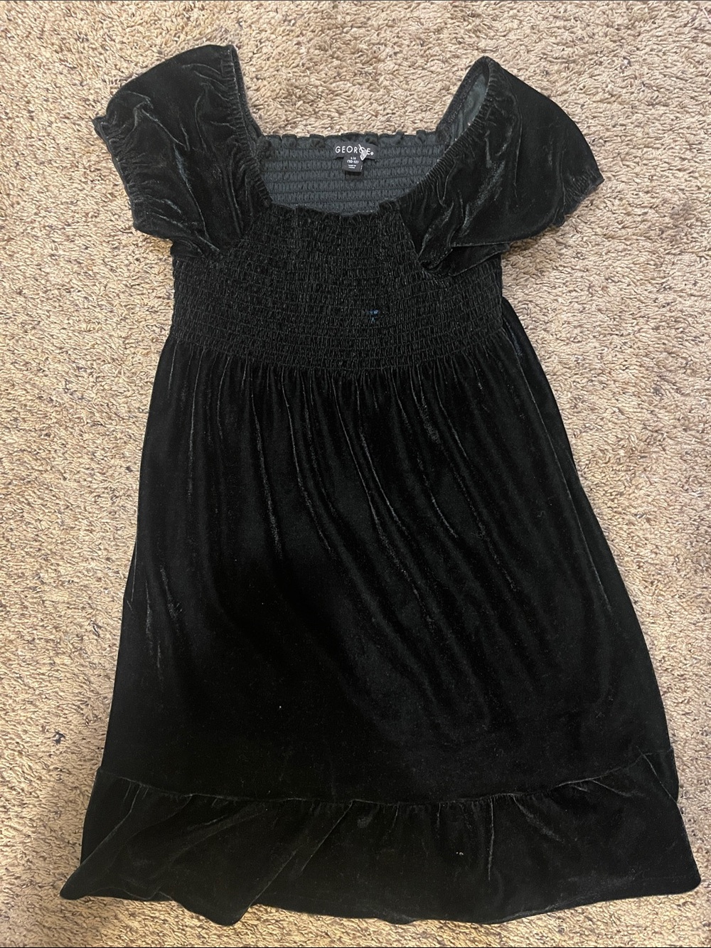 George Black Velvet Smocked Square-Neck Dress